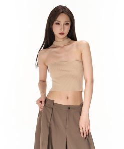 Knitted Wool Halter Slim Fit Strapless Top - Soft, Skin-Friendly Off-Shoulder Women's Shirt for Y2K and Korean Style Looks