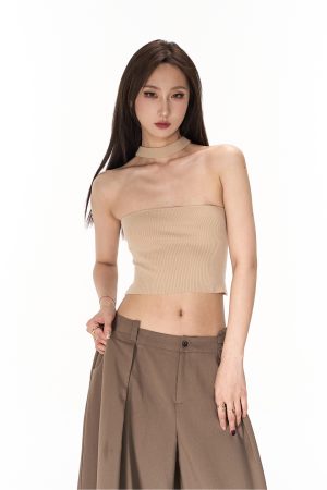 Knitted Wool Halter Slim Fit Strapless Top - Soft, Skin-Friendly Off-Shoulder Women's Shirt for Y2K and Korean Style Looks