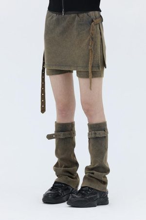 Knitwear Style, Diy Vetement - Belt Detail Denim Mini Skort With Leg Warmer