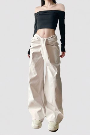 Knotted Low-Waist Black Wide-Leg Casual Pants - Minimalist Solid Color Slim Straight Trousers for Summer Style