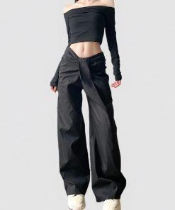 Knotted Low-Waist Black Wide-Leg Casual Pants - Minimalist Solid Color Slim Straight Trousers for Summer Style