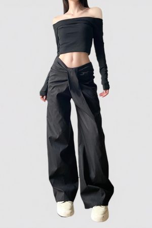 Knotted Low-Waist Black Wide-Leg Casual Pants - Minimalist Solid Color Slim Straight Trousers for Summer Style