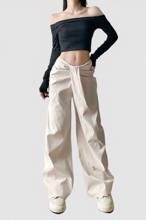 Knotted Low-Waist Black Wide-Leg Casual Pants - Minimalist Solid Color Slim Straight Trousers for Summer Style