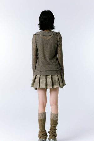Korea December Outfit, Korea January Outfit - Grunge Asymmetric Long Sleeve Lace Top