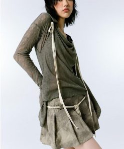 Korea December Outfit, Korea January Outfit - Grunge Asymmetric Long Sleeve Lace Top