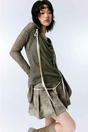 Korea December Outfit, Korea January Outfit - Grunge Asymmetric Long Sleeve Lace Top