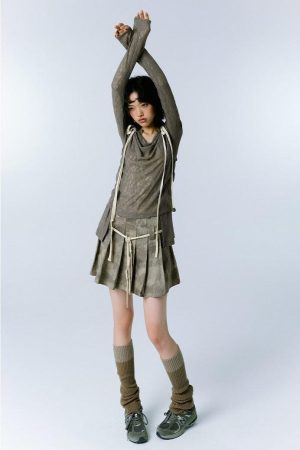 Korea December Outfit, Korea January Outfit - Grunge Asymmetric Long Sleeve Lace Top
