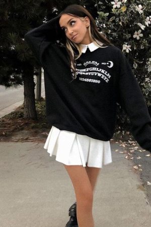 Korea January Outfit, Winter Japan Outfit Women - Dark Academia Letter Print Sweatshirt