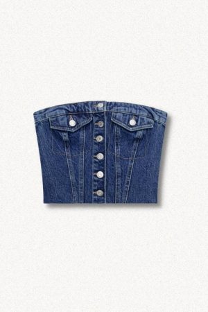 Korea Outfit Winter, Winter In Korea Outfit - Cowgirl Button Up Denim Tube Top