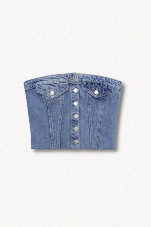 Korea Outfit Winter, Winter In Korea Outfit - Cowgirl Button Up Denim Tube Top