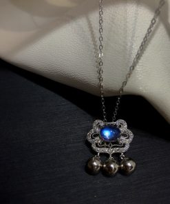 Korean and Japanese Style Blue Moonstone Bell Pendant Necklace and Bracelet Set with Auspicious Longevity Lock for Women