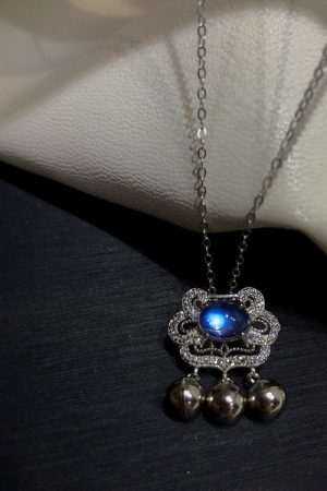 Korean and Japanese Style Blue Moonstone Bell Pendant Necklace and Bracelet Set with Auspicious Longevity Lock for Women