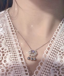 Korean and Japanese Style Blue Moonstone Bell Pendant Necklace and Bracelet Set with Auspicious Longevity Lock for Women