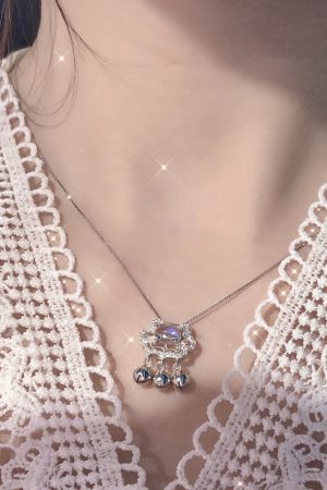 Korean and Japanese Style Blue Moonstone Bell Pendant Necklace and Bracelet Set with Auspicious Longevity Lock for Women