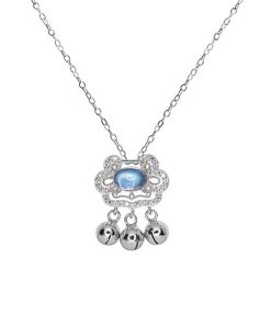 Korean and Japanese Style Blue Moonstone Bell Pendant Necklace and Bracelet Set with Auspicious Longevity Lock for Women