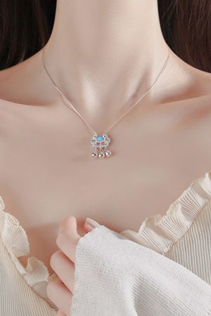 Korean and Japanese Style Blue Moonstone Bell Pendant Necklace and Bracelet Set with Auspicious Longevity Lock for Women