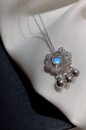 Korean and Japanese Style Blue Moonstone Bell Pendant Necklace and Bracelet Set with Auspicious Longevity Lock for Women