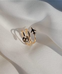 Korean and Japanese Style Spiral Ring for Women with Airplane Smiley Face - Mixed Metal Finger Ring for Trendy Fashion