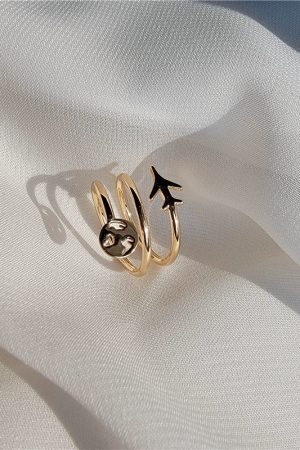 Korean and Japanese Style Spiral Ring for Women with Airplane Smiley Face - Mixed Metal Finger Ring for Trendy Fashion
