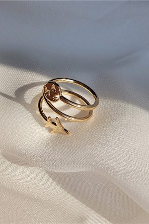 Korean and Japanese Style Spiral Ring for Women with Airplane Smiley Face - Mixed Metal Finger Ring for Trendy Fashion