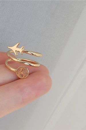 Korean and Japanese Style Spiral Ring for Women with Airplane Smiley Face - Mixed Metal Finger Ring for Trendy Fashion