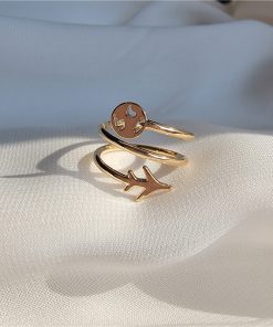 Korean and Japanese Style Spiral Ring for Women with Airplane Smiley Face - Mixed Metal Finger Ring for Trendy Fashion