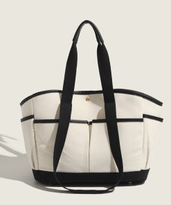 Korean Color-Block Canvas Tote Bag - Large Capacity Multi-Compartment Mommy Handbag for Casual Use and Maternity Essentials