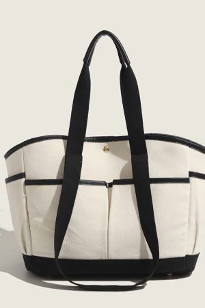 Korean Color-Block Canvas Tote Bag - Large Capacity Multi-Compartment Mommy Handbag for Casual Use and Maternity Essentials