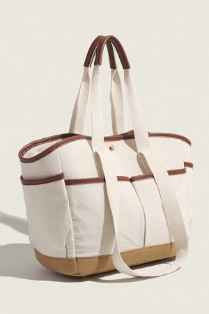 Korean Color-Block Canvas Tote Bag - Large Capacity Multi-Compartment Mommy Handbag for Casual Use and Maternity Essentials