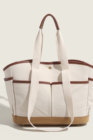 Korean Color-Block Canvas Tote Bag - Large Capacity Multi-Compartment Mommy Handbag for Casual Use and Maternity Essentials