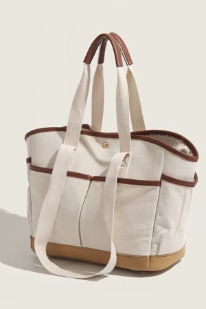 Korean Color-Block Canvas Tote Bag - Large Capacity Multi-Compartment Mommy Handbag for Casual Use and Maternity Essentials