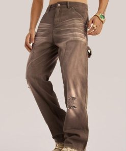 Korean Cute Outfits Skirts, Minimalist Feminine Outfits - Mid Rise Washed Distressed Jeans