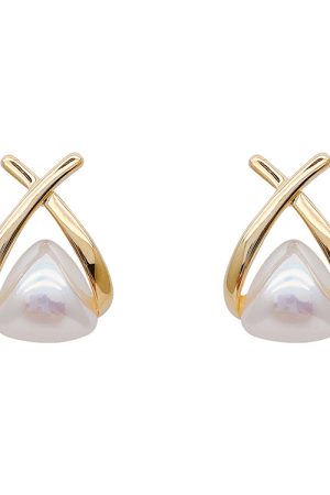 Korean Metallic Cross Pearl Drop Earrings - High-End Light Luxury Stud Earrings for Women, Stylish Niche Accessories 2025