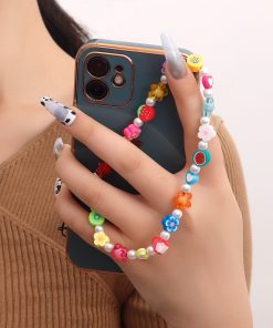 Korean Minimalist Rainbow Bead Phone Strap Lanyard for Women - Heart Key Design, European and American Style Accessory