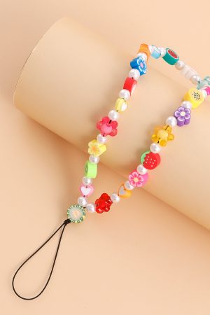 Korean Minimalist Rainbow Bead Phone Strap Lanyard for Women - Heart Key Design, European and American Style Accessory