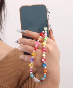 Korean Minimalist Rainbow Bead Phone Strap Lanyard for Women - Heart Key Design, European and American Style Accessory