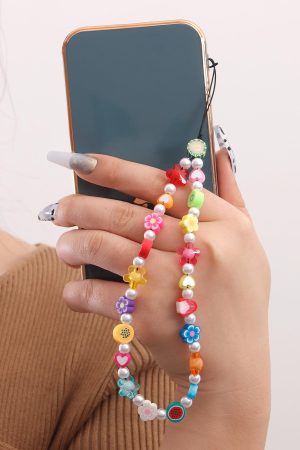 Korean Minimalist Rainbow Bead Phone Strap Lanyard for Women - Heart Key Design, European and American Style Accessory