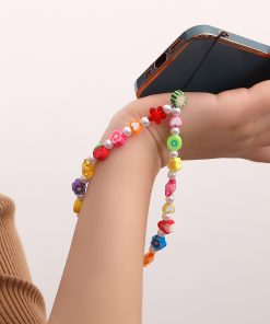 Korean Minimalist Rainbow Bead Phone Strap Lanyard for Women - Heart Key Design, European and American Style Accessory