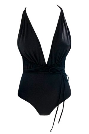 Korean Retro Deep V Backless One-Piece Swimsuit for Women, Temperature-Sensitive, Sexy Slimming Design for Hot Spring and Instagram Style