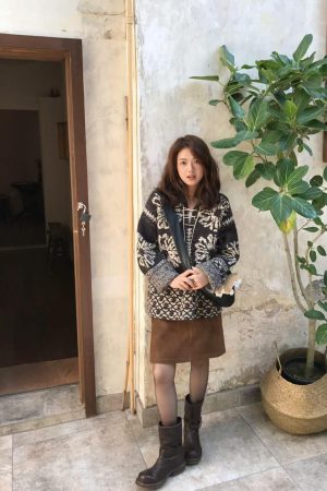 Korean Retro Pumpkin Jacquard Sweater for Women - Loose-Fitting High-End Knit Pullover Top