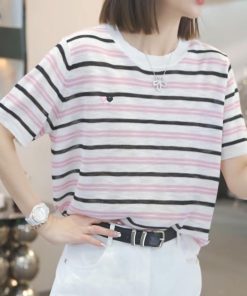 Korean Style 2025 Summer Loose Color Block Striped T-Shirt for Women - Trendy and Casual Fashion Top