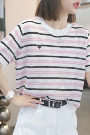 Korean Style 2025 Summer Loose Color Block Striped T-Shirt for Women - Trendy and Casual Fashion Top