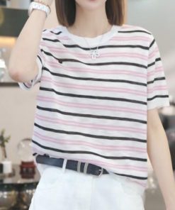 Korean Style 2025 Summer Loose Color Block Striped T-Shirt for Women - Trendy and Casual Fashion Top