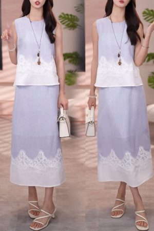 Korean Style 2025 Summer Spliced Lace Top & High Waist Skirt Two-Piece Set - Trendy Fashion for a Chic Look