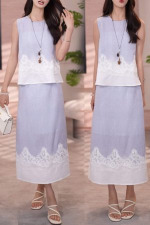 Korean Style 2025 Summer Spliced Lace Top & High Waist Skirt Two-Piece Set - Trendy Fashion for a Chic Look