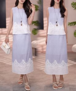 Korean Style 2025 Summer Spliced Lace Top & High Waist Skirt Two-Piece Set - Trendy Fashion for a Chic Look