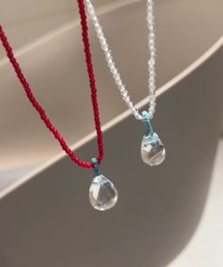 Korean Style 925 Sterling Silver Red Agate White Crystal Water Drop Pendant Necklace - Light Luxury High-End Jewelry