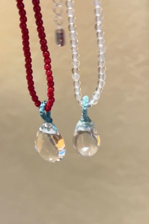 Korean Style 925 Sterling Silver Red Agate White Crystal Water Drop Pendant Necklace - Light Luxury High-End Jewelry