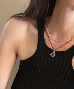 Korean Style 925 Sterling Silver Red Agate White Crystal Water Drop Pendant Necklace - Light Luxury High-End Jewelry