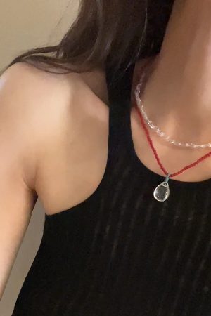 Korean Style 925 Sterling Silver Red Agate White Crystal Water Drop Pendant Necklace - Light Luxury High-End Jewelry